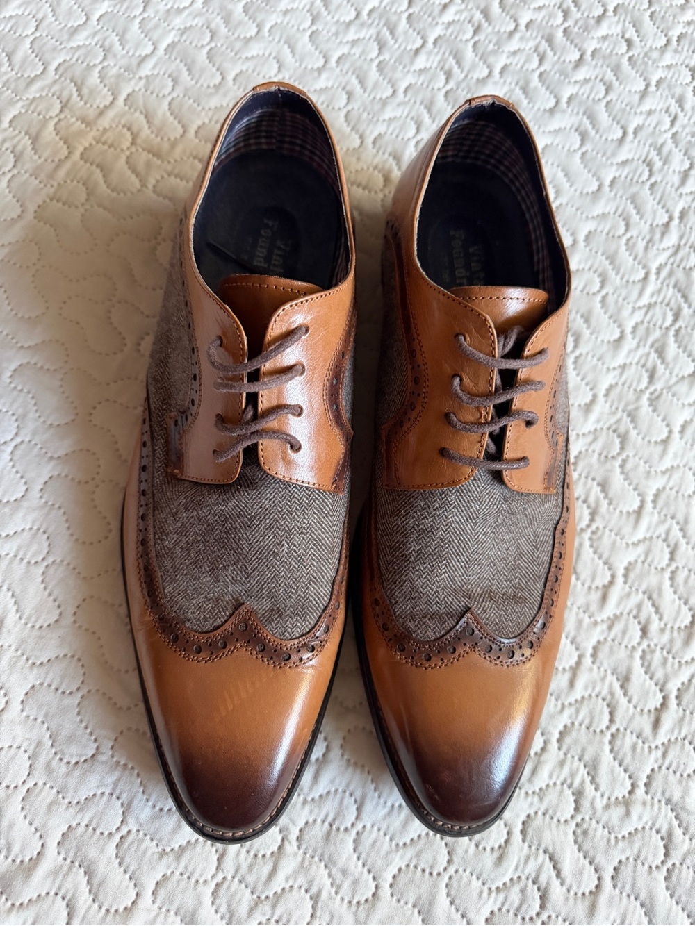 Vintage Foundry Co Brown Leather & Herringbone Fabric Wingtip Oxford Size 10.5